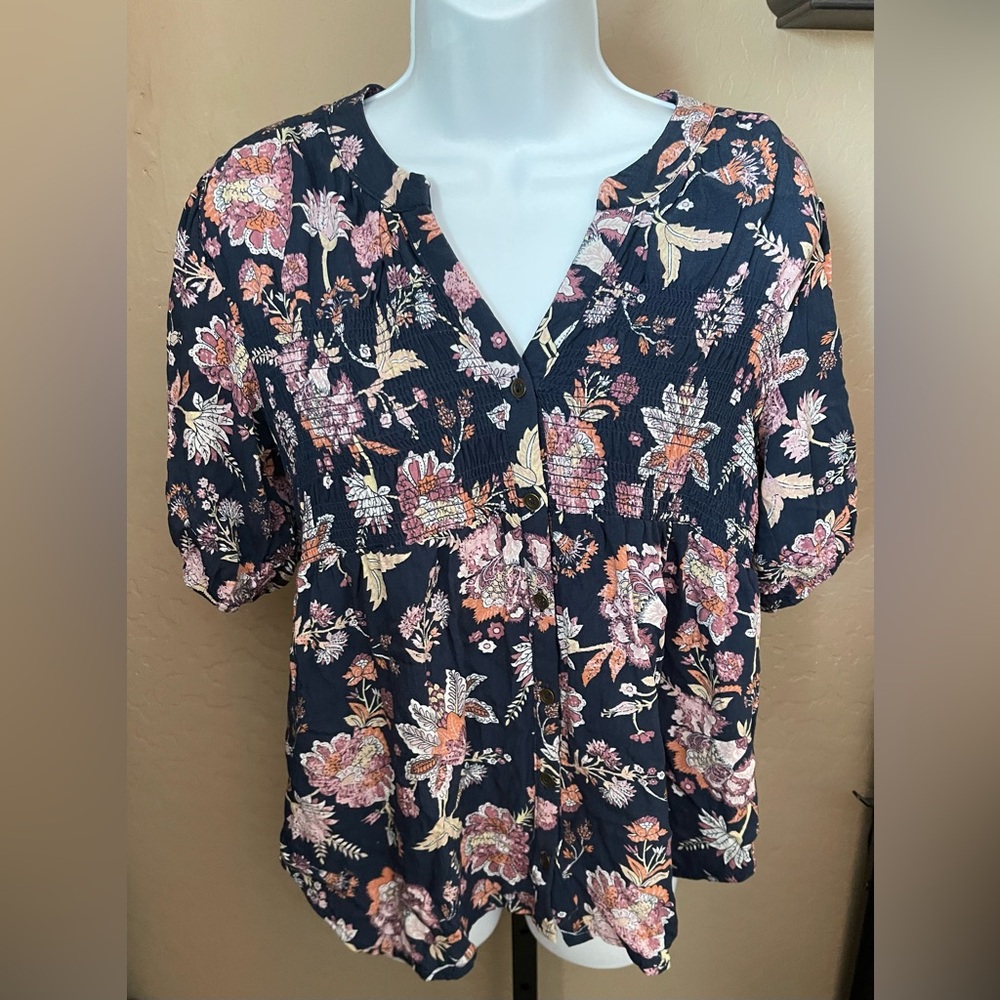 Knox Rose Navy Floral Smocked Peasant Blouse